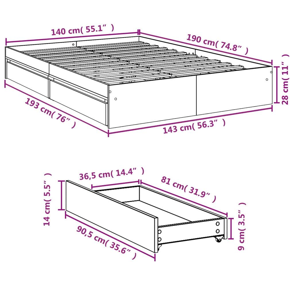 Letto matrimoniale | Letto per adulti | Giroletto Cassetti Rovere Sonoma 140x190 cm Legno Multistrato