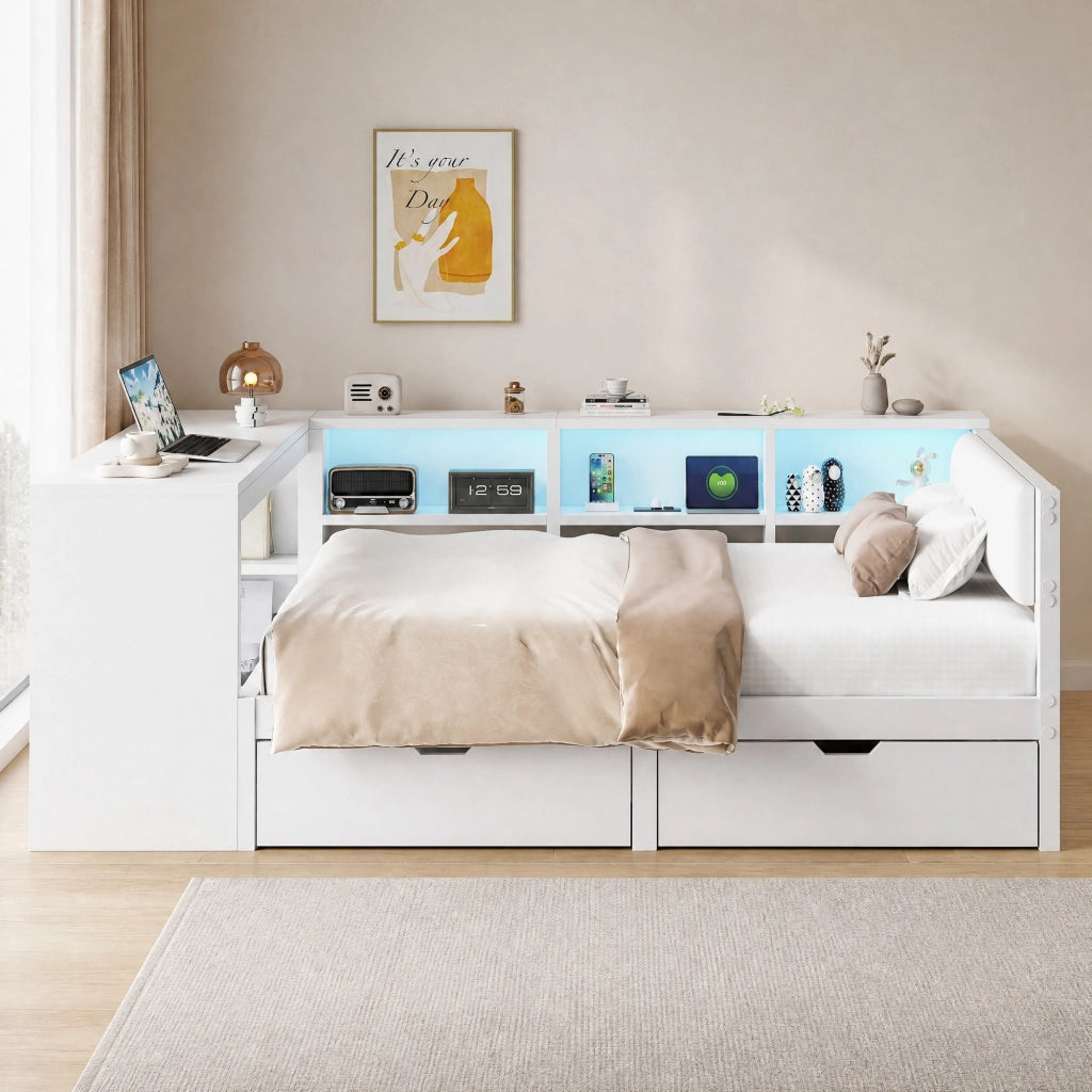 LETTO 140x200 cm Bianco con testiera imbottita, ripiani, cassetti e ricarica USB