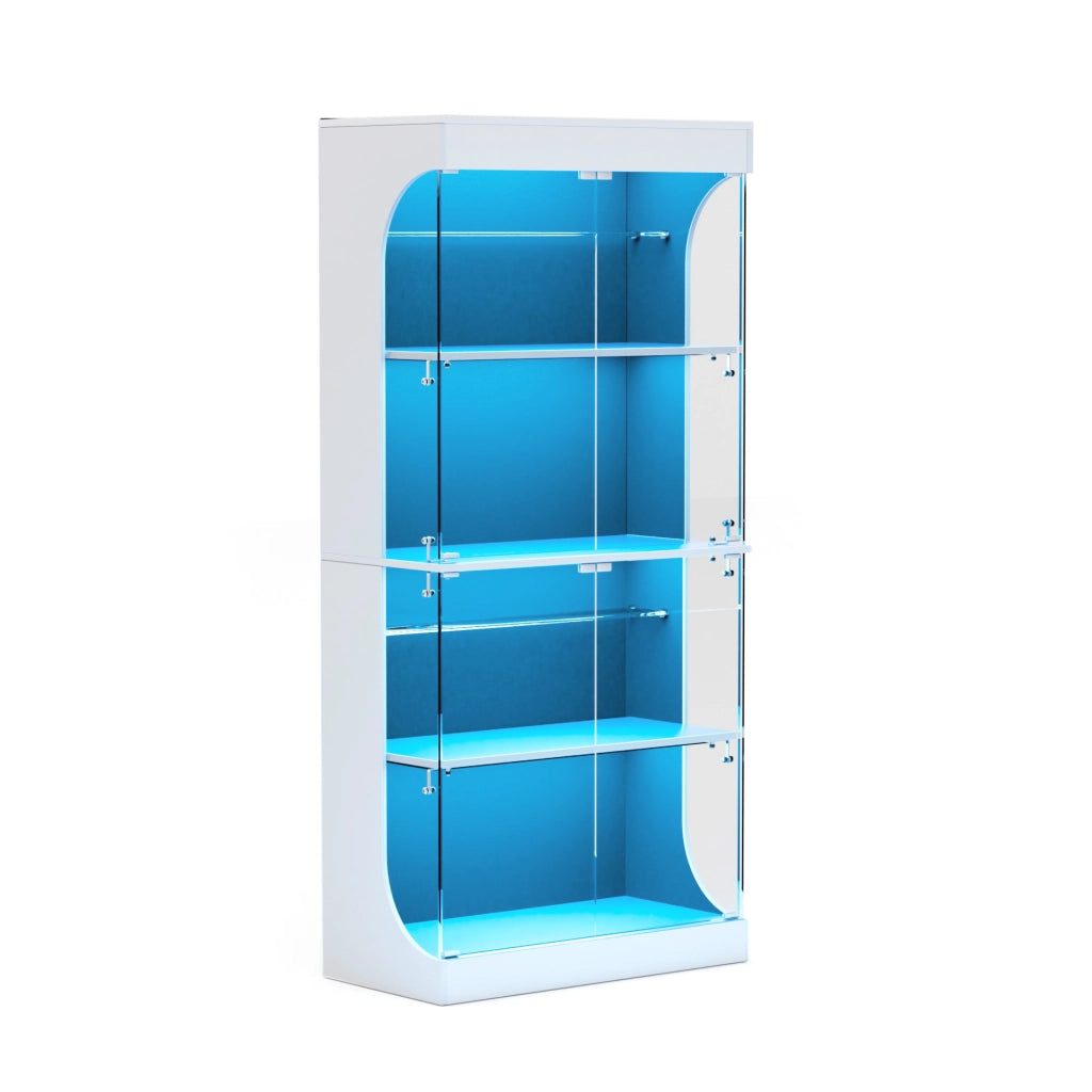 Vetrina in vetro con LED; porta a pressione e ricarica USB-C; 80x35x165 cm; bianco