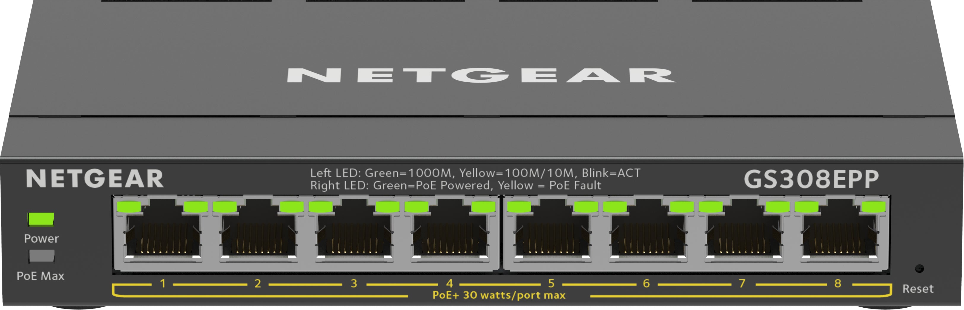 Netgear 8-port gigabit ethernet high-power poe+ plus switch (gs308epp) gestito l2/l3 gigabit ethernet (10/100/1000) supporto power over ethernet (poe) nero - GS308EPP-100PES