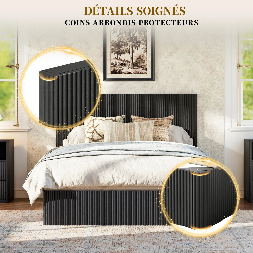 Letto contenitore 140 × 200 cm con sollevamento idraulico, ampio vano, struttura stabile, senza materasso, nero