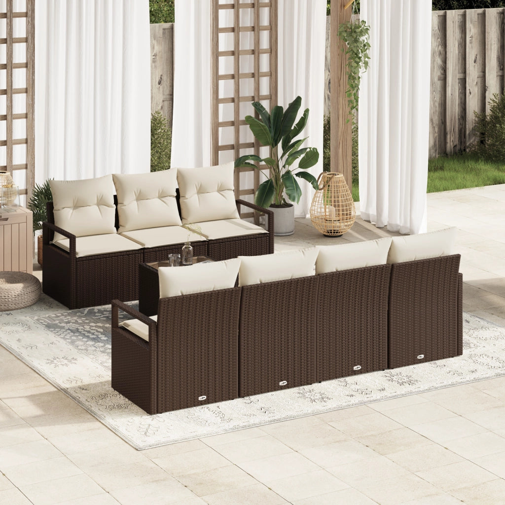 Set Divano da Giardino da 8 Pezzi con Cuscini Marrone Rattan Poliestere