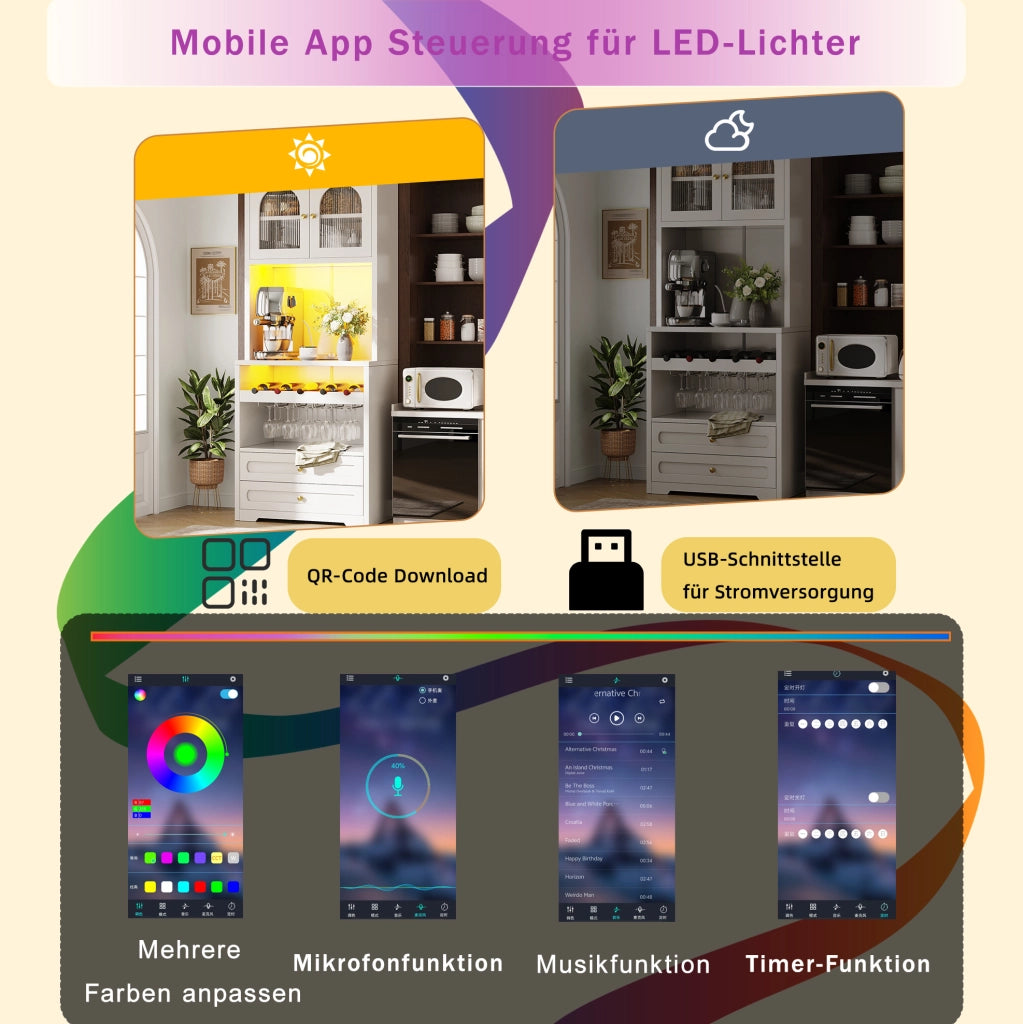 Mobile alto bianco con LED smart, portabottiglie e USB