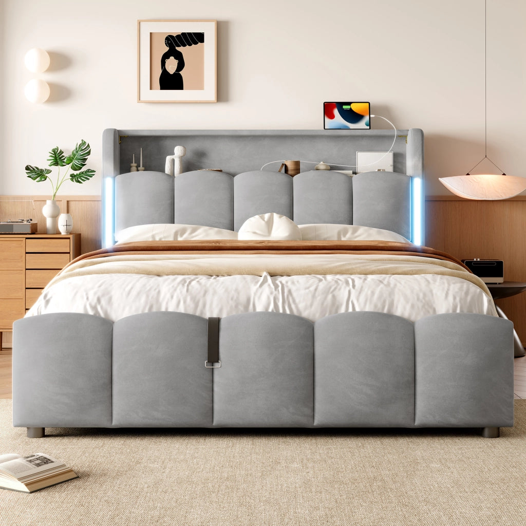 OKWISH Letto Contenitore 140×200 cm, Letto Matrimoniale con LED Regolabile, USB, Tipo C e Vano Contenitore in Testiera, senza Materasso, Velluto, Grigio