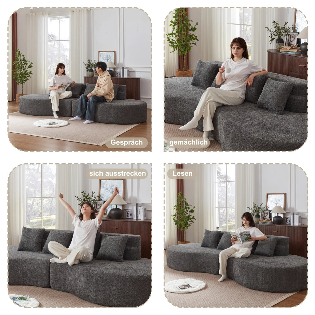 Divano modulare in ciniglia con schienale a strati e design arrotondato, componibile in due pezzi per interni moderni grigio