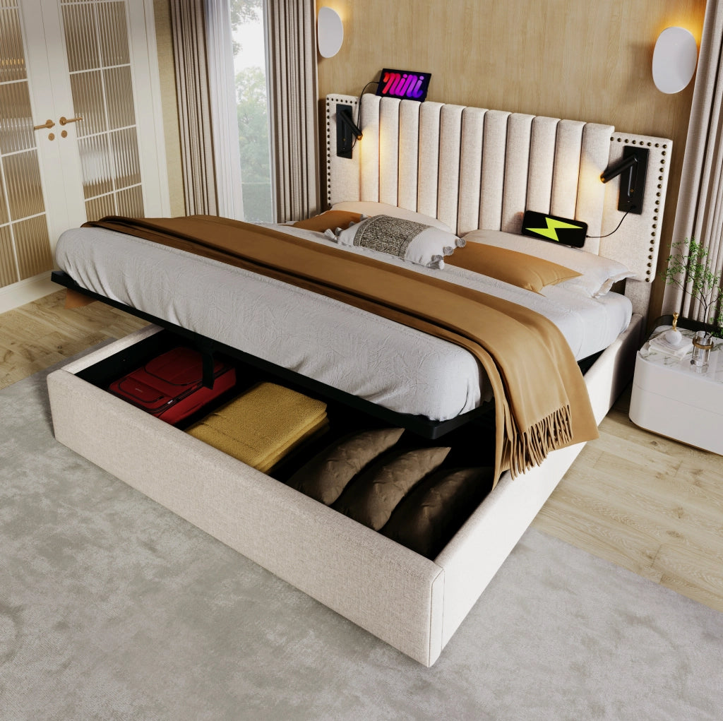 Letto imbottito 140x200 cm beige con contenitore, luce e USB-C