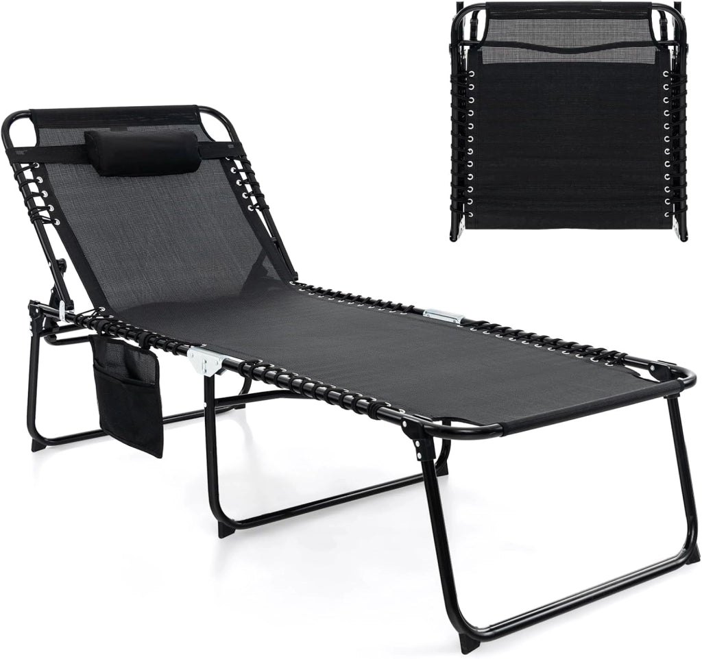 Lettino Prendisole da Giardino, Sedia a Sdraio Pieghevole con Schienale Regolabile, Cuscino Staccabile, Tasca, Portata 200 kg, 168-188 x 69 x 41-86 cm (Nero)