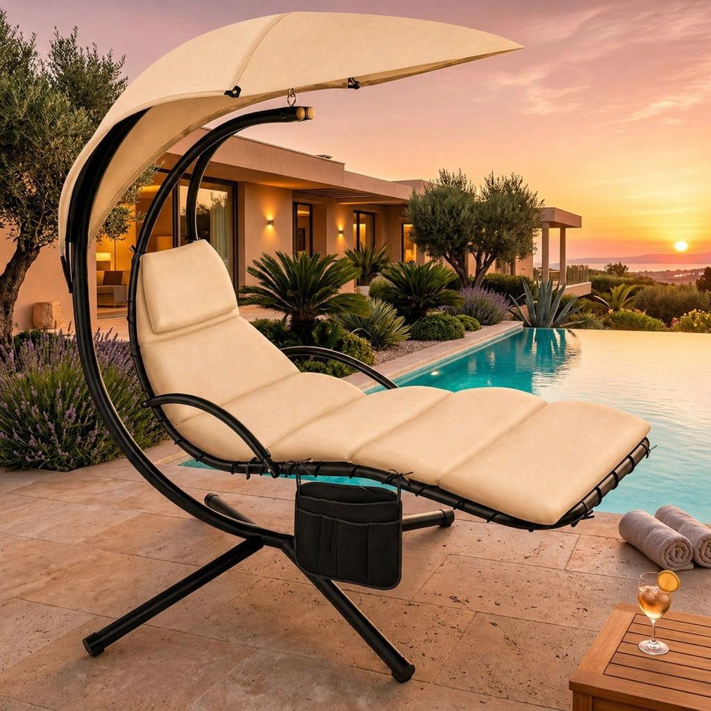 Sdraio A Sospensione Con Ombrellone Beige E Cuscino Ergonomico Amaca Da Giardino In Poliestere Resistente Per Arredamento Esterno Terrazzo Bordo Piscina Formato 195x132x197 Cm