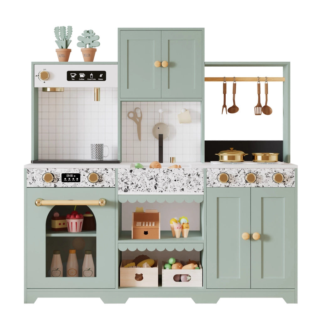 Cucina giocattolo per bambini con macchina per bevande lavello e microonde girevole in MDF verde 30 × 90 × 98 cm