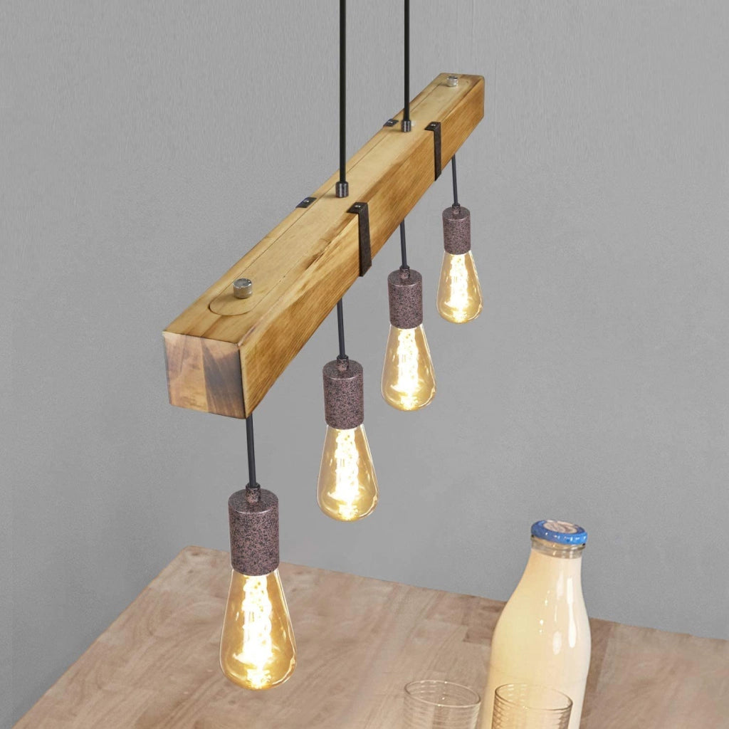 Lampada a sospensione ZMH retr¨° 4 lampadine E27 Diametro 80 cm con trave in legno Adatta per sala da pranzo e cucina
