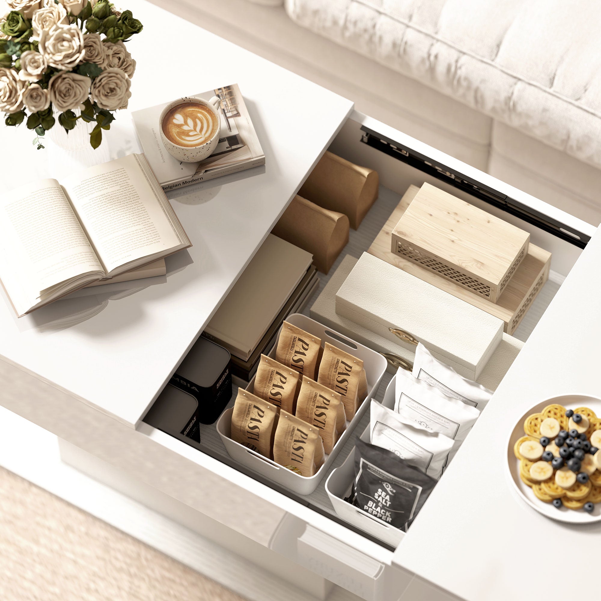 Tavolino da Caffè Estensibile 108-178.5x53x49 cm con Vano Contenitore Moderno Bianco Lucido