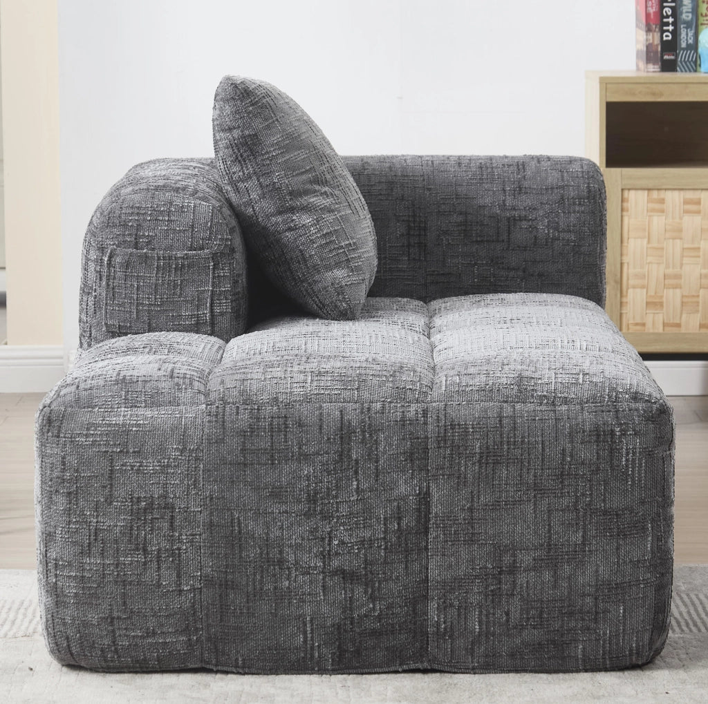 Divano Chaise Lounge in Chenille Grigio con Tasche Laterali e Cuscino, 158x90x60 cm