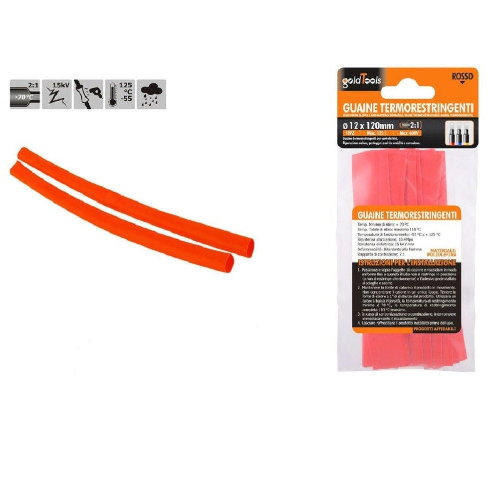 Trade Shop - Set 10pz Guaine Termorestringenti Termoretrattili Rosse 12x120mm Per Cavi 57086 -