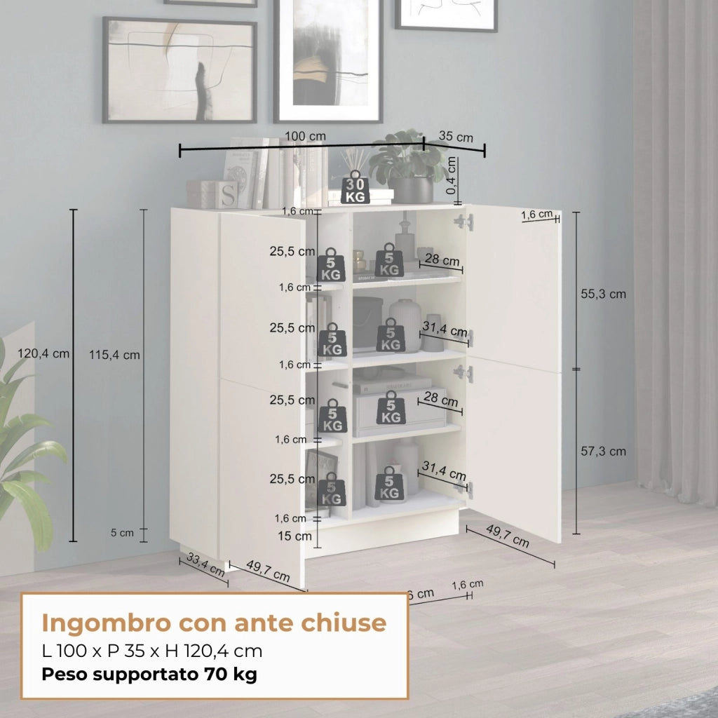 WHOUS Credenza Vela con 4 ante colore cashmere 100x35x120,4 cm