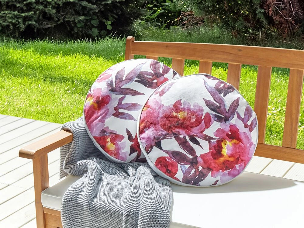 Set di 2 cuscini da giardino in poliestere bianco e rosa con motivo floreale 40 cm Rotondi Moderno per esterni Resistente all'acqua