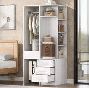Armadio freestanding 70x55x175 cm con ripiani; barra appendiabiti e cassetti; bianco