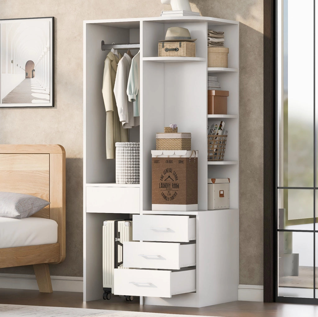Armadio freestanding 70x55x175 cm con ripiani; barra appendiabiti e cassetti; bianco