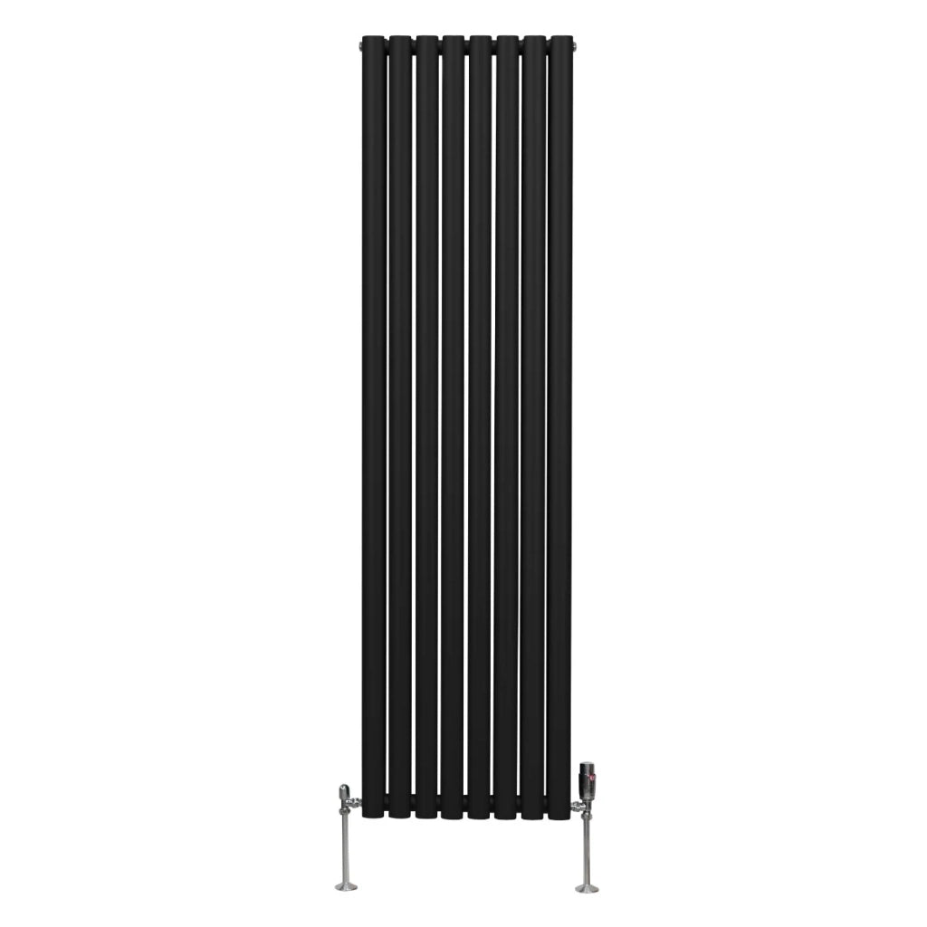 Radiatore a colonna ovale e valvole cromate TRV Designer Nero 1800mm x 480mm