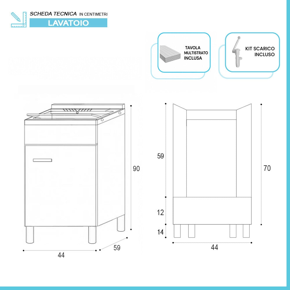 Mobile lavatoio 44x59 cm bianco opaco con anta e vasca incluso di asse di lavaggio e kit di scarico Medea