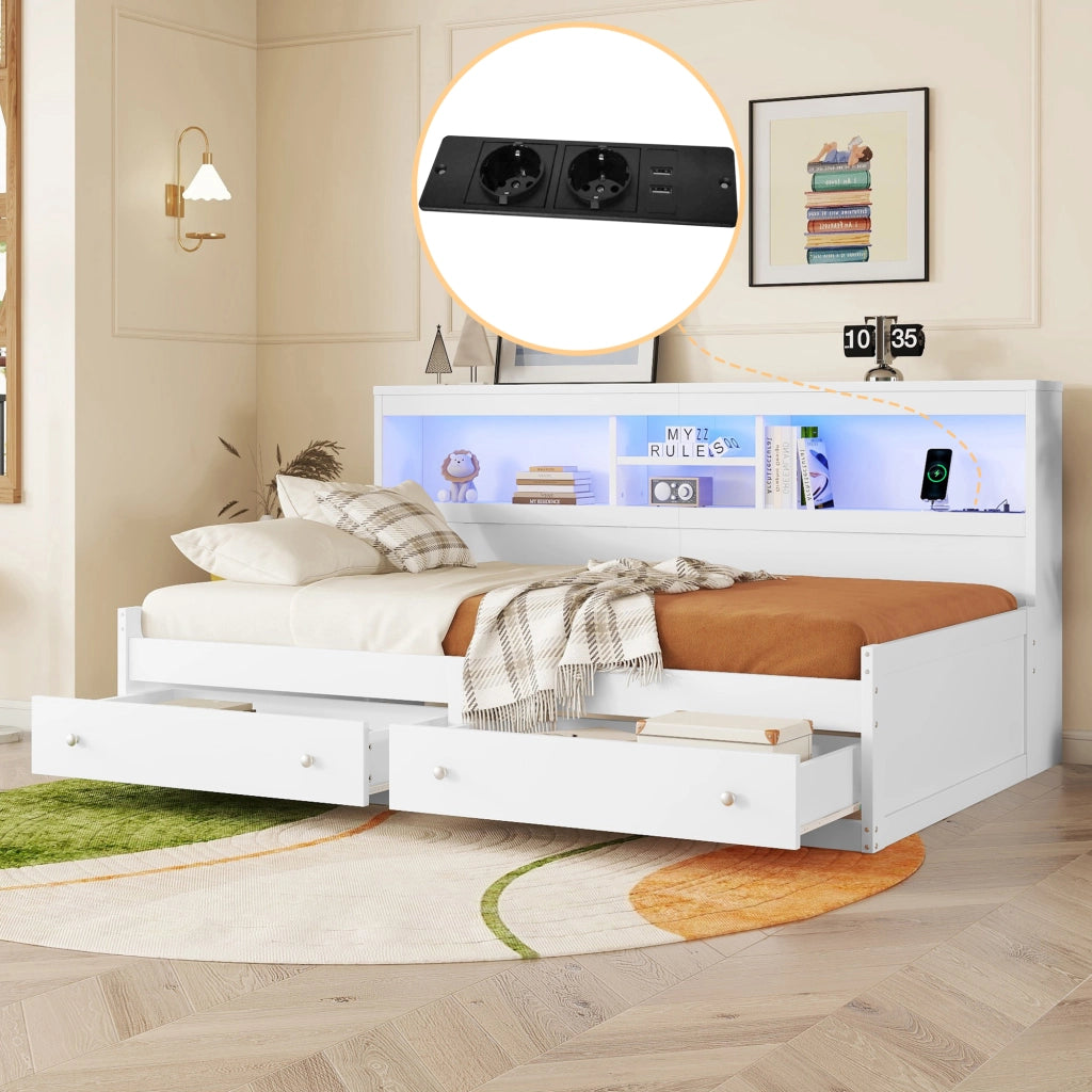 OKWISH Letto Divano 90×200 cm, Letto Singolo con 2 USB, 2 Prese, LED Regolabile e 2 Cassetti, senza Materasso, Bianco