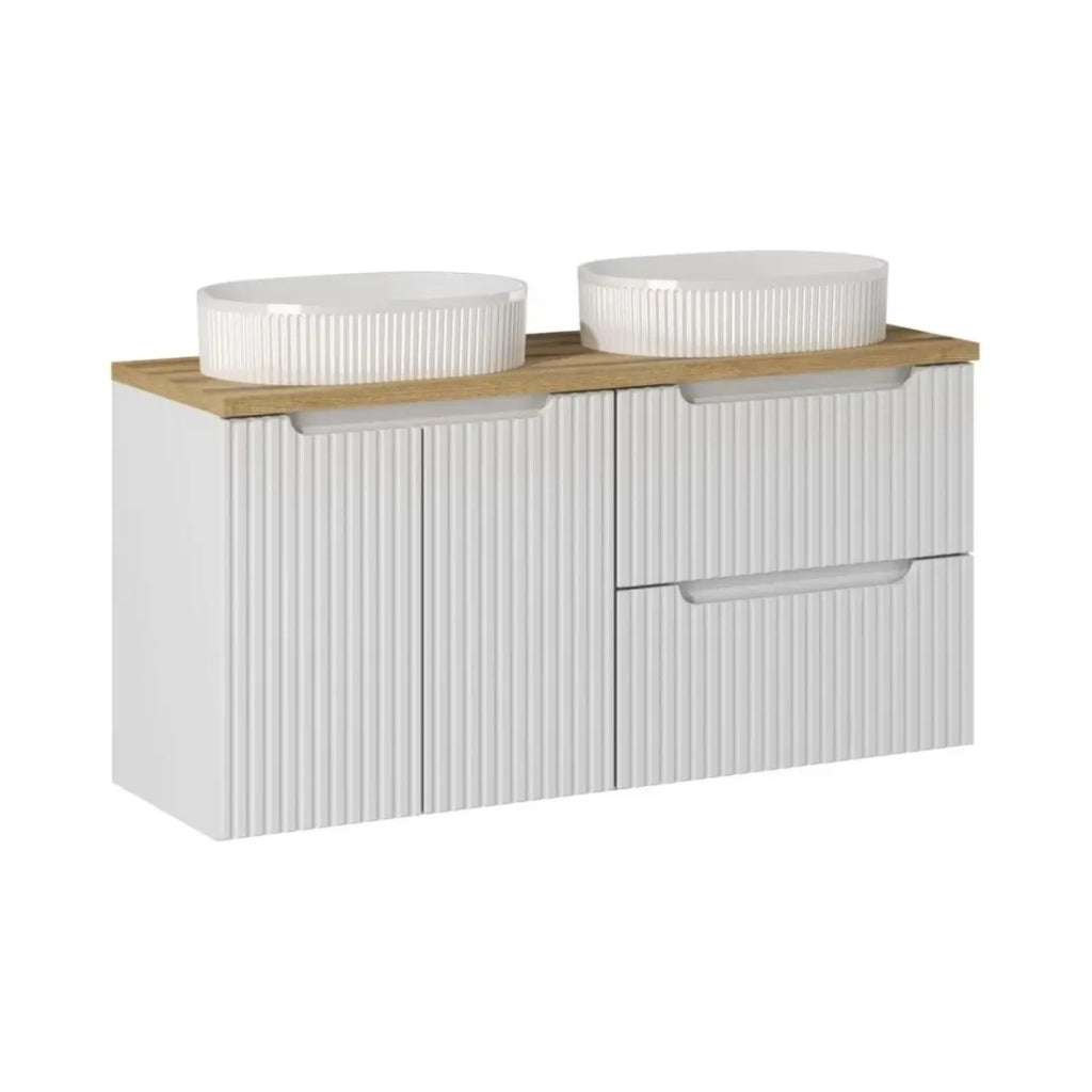 Set VANO bianco 120cm: mobile sottolavabo con cassetti e armadietti + piano per lavabo + due lavabi da appoggio scanalati