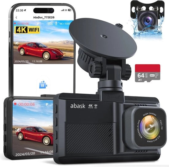 Dashcam Auto con Visore Anteriore e Posteriore 4K con Connessione Wi-Fi e Sensore di Movimento