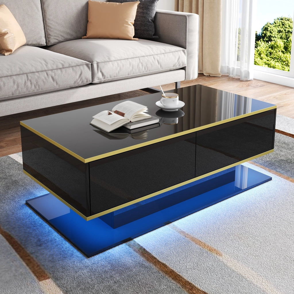 Tavolino da Salotto Moderno 100 cm con Luci LED e 3 Cassetti; Finitura Lucida; Nero e Oro