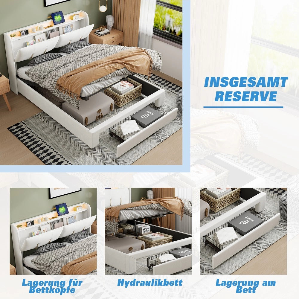 Letto contenitore matrimoniale con LED ¨C Minimal ¨C velluto beige 160x200cm