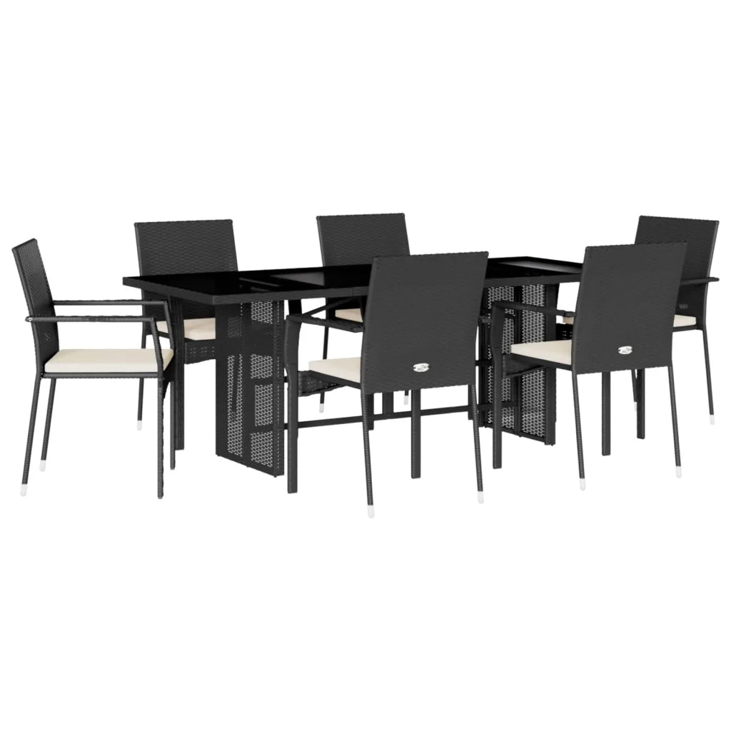 Set da Pranzo da Giardino 7 pz Nero con Cuscini in Polyrattan