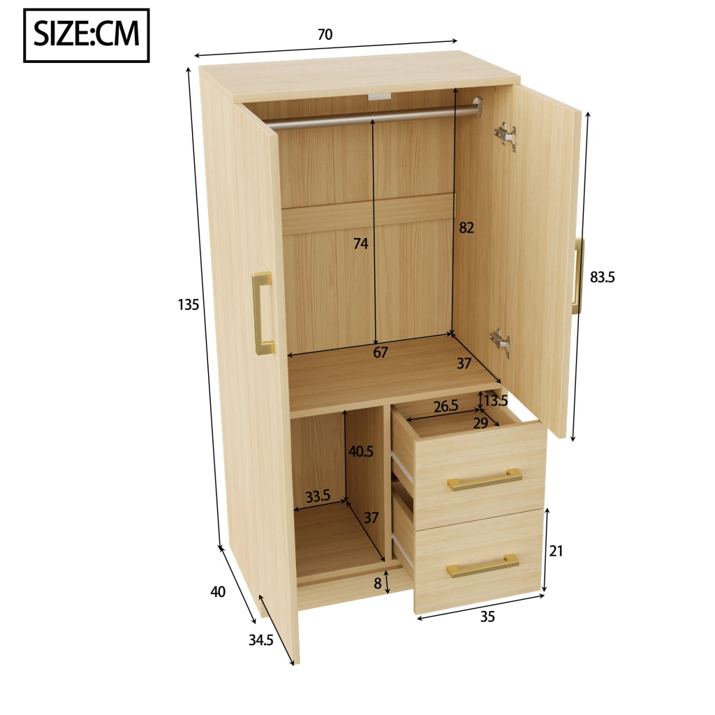 Armadio con 2 ante, 2 cassetti e vano contenitore per camera da letto e stanza bambini 70 × 40 × 135 cm