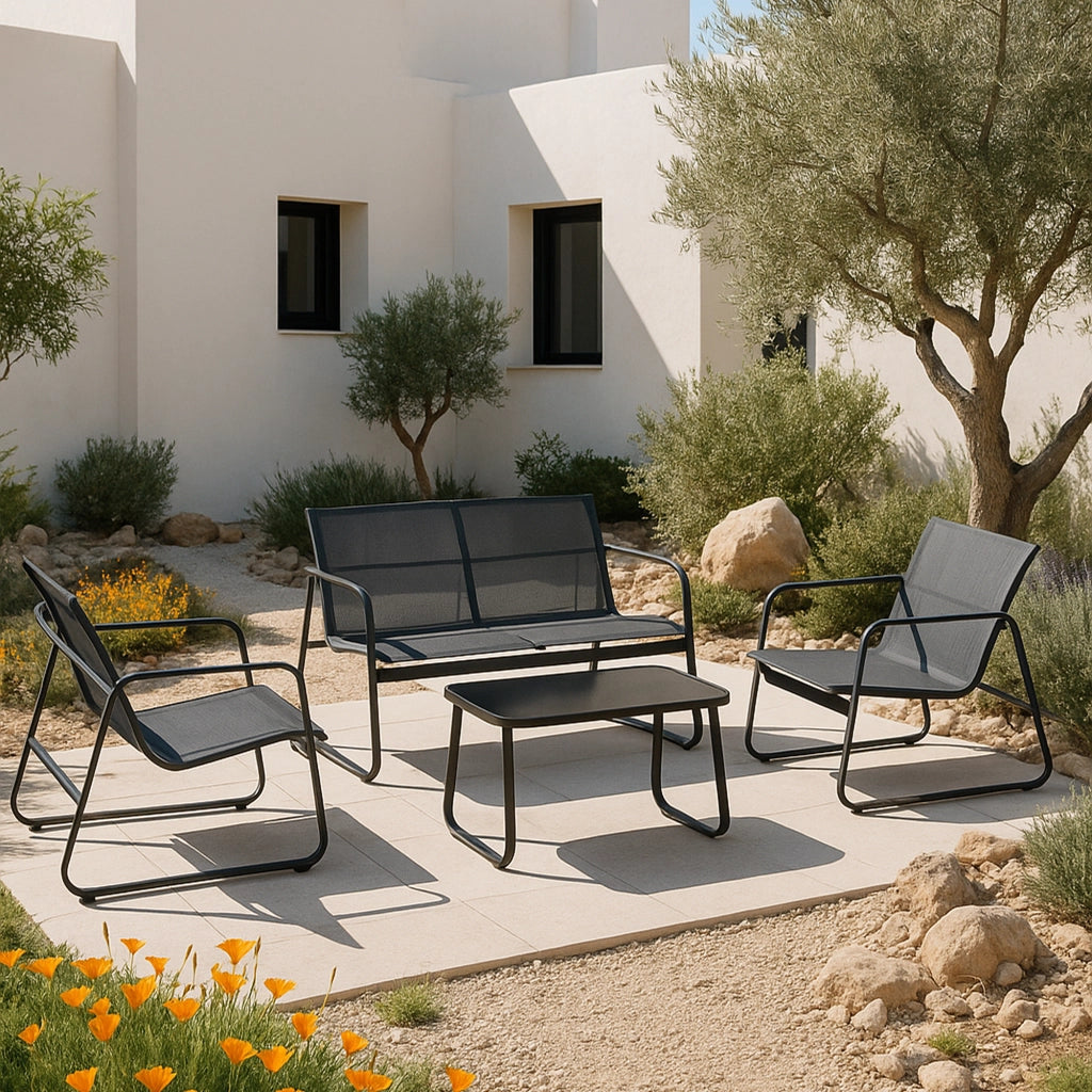 Set Palencia di Mobili da Giardino Tavolino Divano e 2 Sedie da Esterno - Grigio Chiaro/Nero [en.casa]