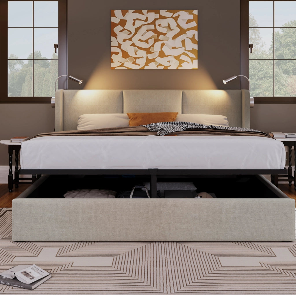 Letto imbottito 140x200 beige con contenitore, luce USB e materasso