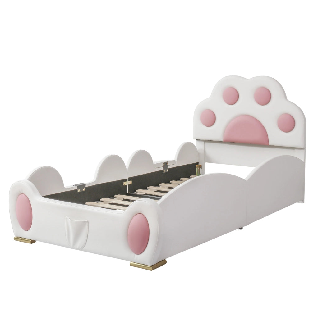 Letto singolo imbottito per bambini con scivolo e scala; 90x200 cm; PU rosa e bianco