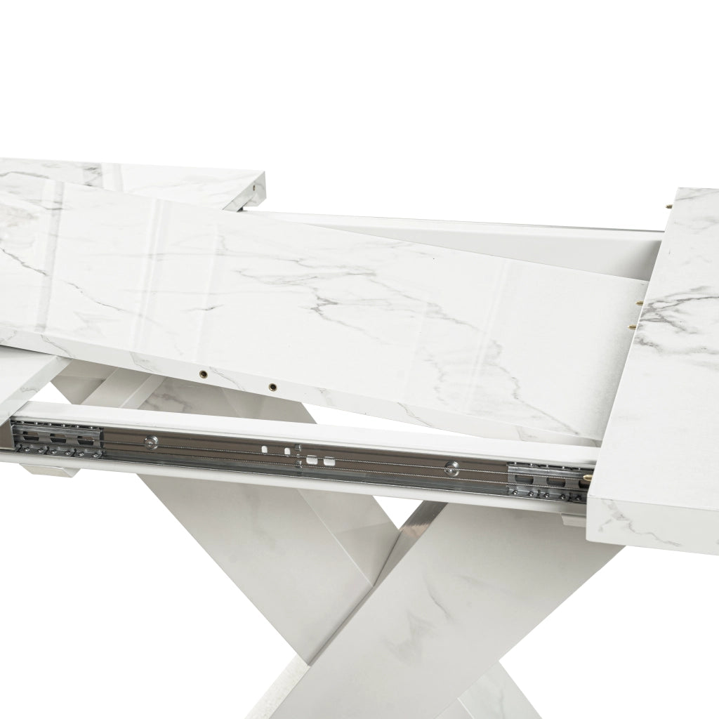 Tavolo allungabile rettangolare con piano effetto marmo bianco e base a X in metallo per sala da pranzo 160 × 80 × 76,5 cm