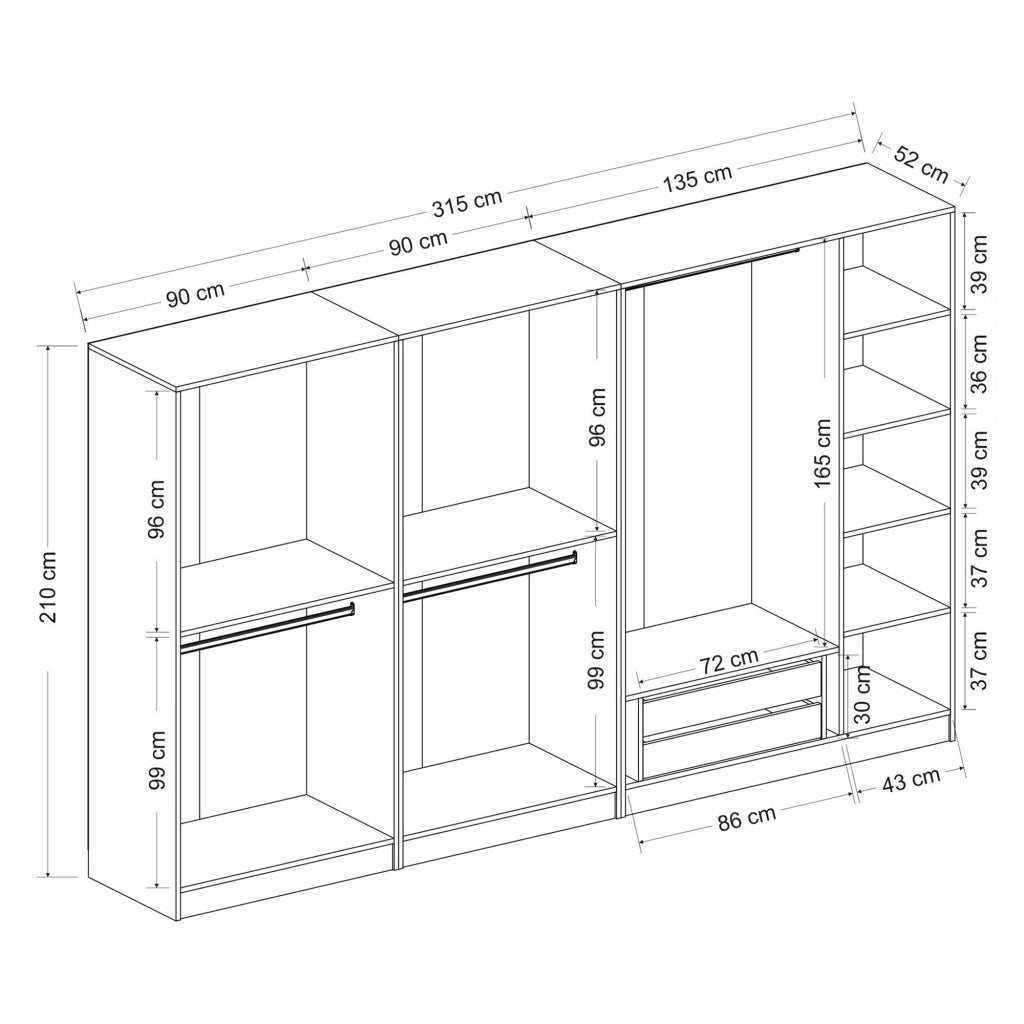Armadio Camera da Letto Prunetto, Guardaroba Grande Appendiabiti, 315x210h cm Nero Antracite
