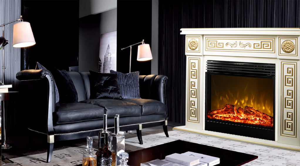 Camino Elettrico da Pavimento 101x140x33 cm Effetto Fiamma 1950W Versailles Maxi & Mirabella Avorio