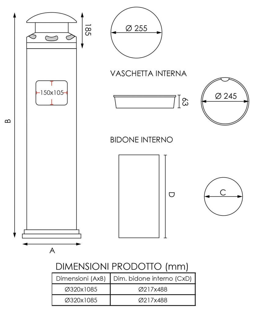 Posacenere a Colonna con Cestino Ø32 cm in Metallo Grigio Gotico 18L per Interno Esterno