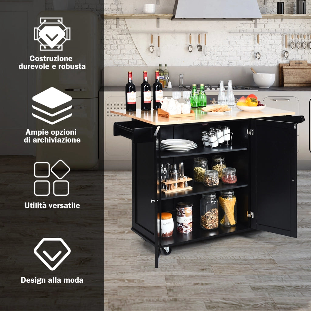 Carrello da cucina a ribalta, Isola da cucina con portaspezie portasciugamani cassetto battilardo armadio Nero-Carrelli