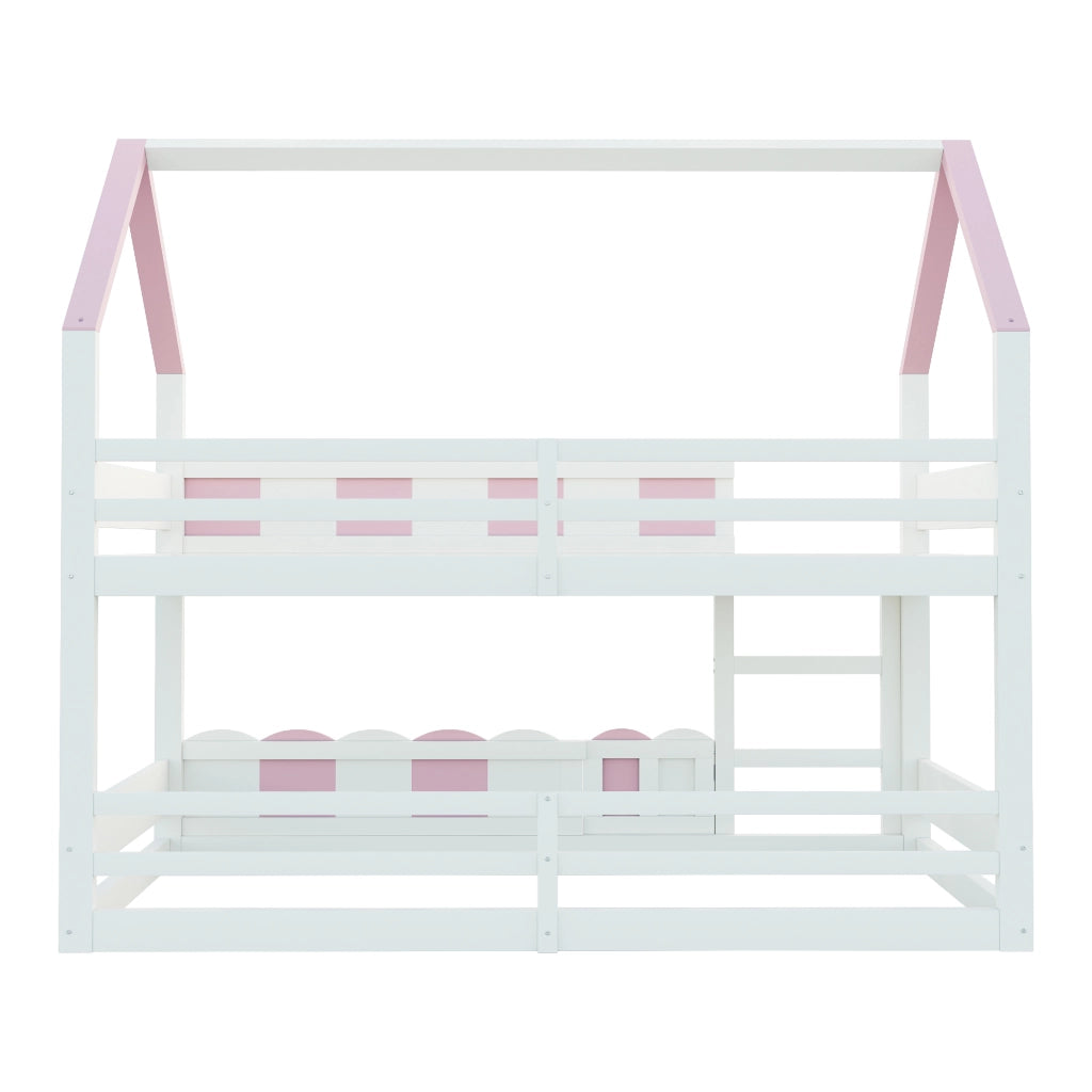 Letto a Soppalco 90 x 200 cm; Casetta con Sponde Alte - in Legno - Rosa e Bianco