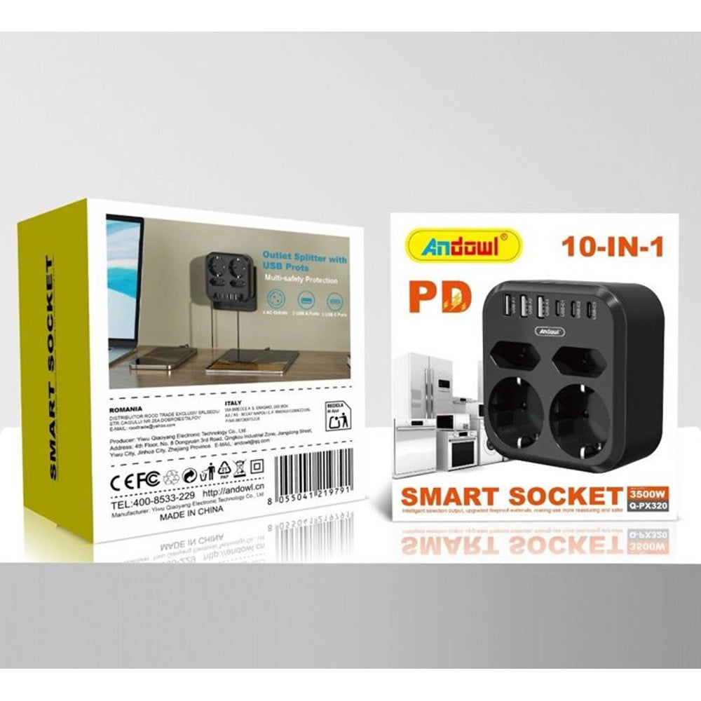 Trade Shop - Multipresa Ciabatta 10 In 1 A 4 Slot Con 6 Porte Di Ricarica Rapida 3500 W Q-px320 -