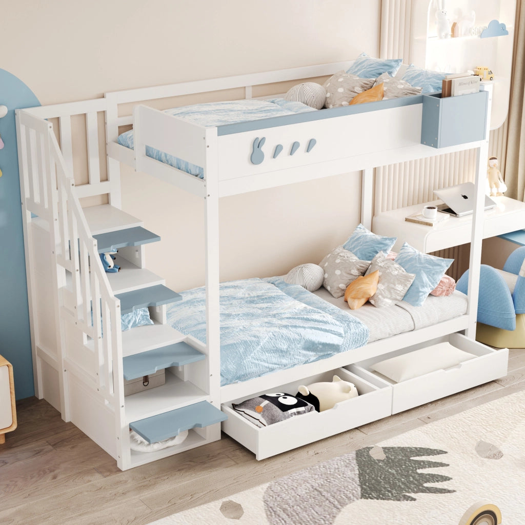 Letto a castello 90x200 cm bianco e blu con cassetti