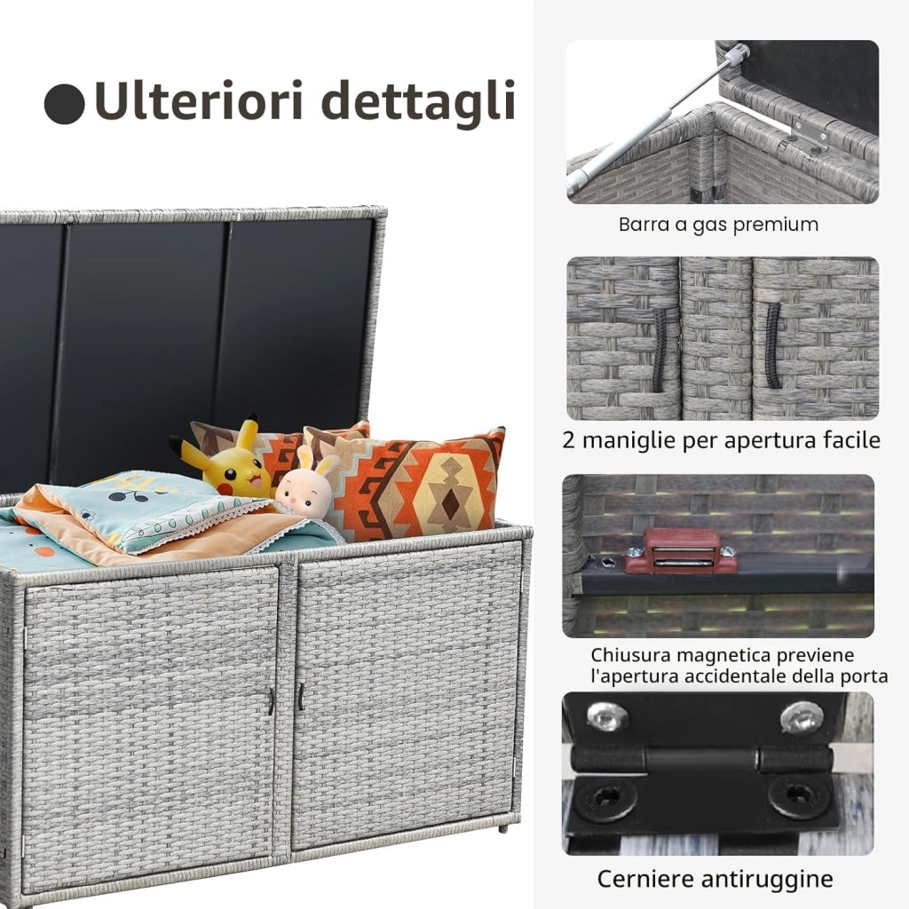 Cassapanca Contenitore da Esterno da 330L in Rattan, Telaio in Acciaio, Baule da Giardin Resistente ai Raggi UV, Mobile Balcone Impermeabile a 2 Ripiani per Cortile, 115x60x65 cm (Grigio)