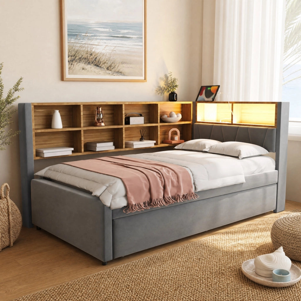 Divano letto multifunzionale 90x200 con letto estraibile 90x190, luci LED, prese di ricarica e vani contenitore, flanella, grigio scuro