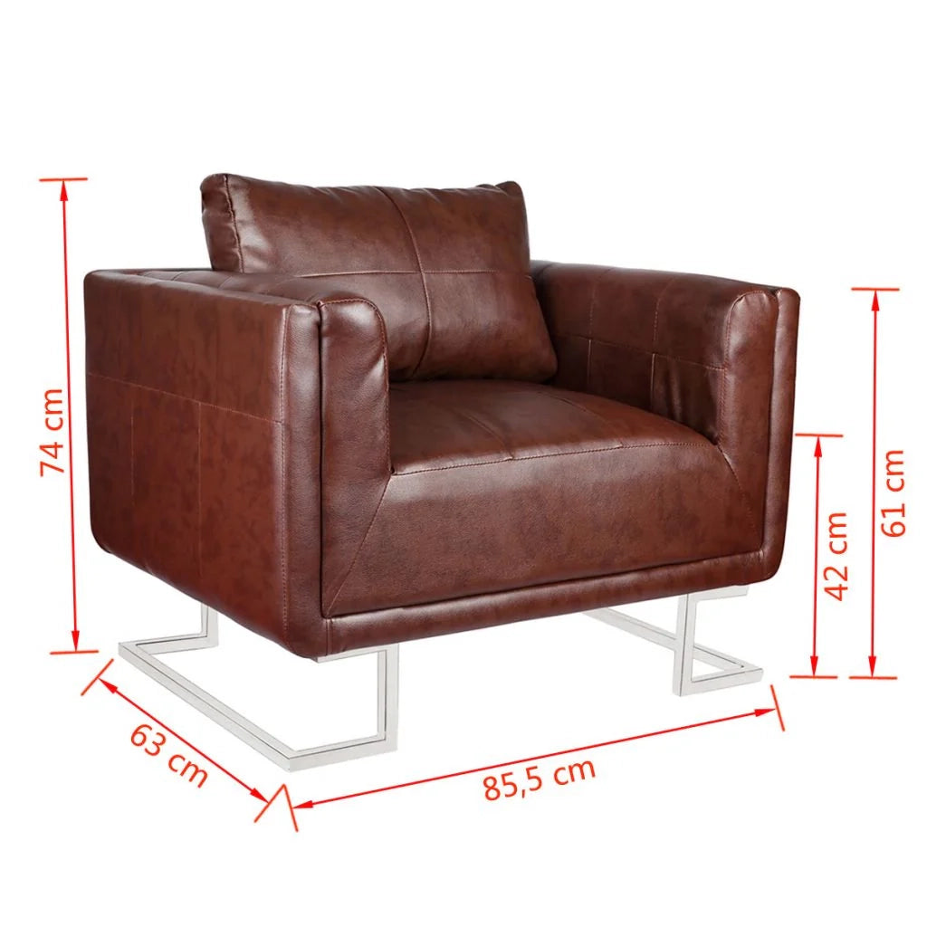 Poltrona sedia design lounge sedile club divano cubo da soggiorno con gambe cromate in pelle sintetica marrone 1102041/3