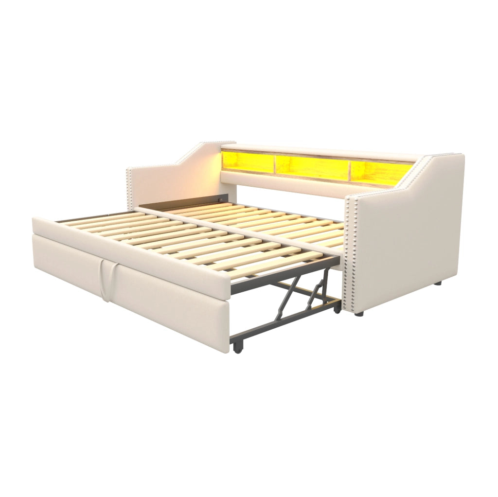 Divano letto 90/180 x 190 cm beige in tessuto con USB e LED