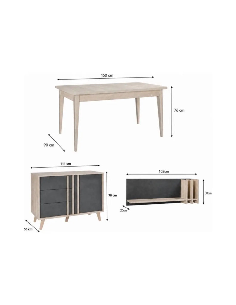 Sala da pranzo completa MALMO con tavolo 160 cm, buffet alto e scaffale a muro – Rovere chiaro e grigio
