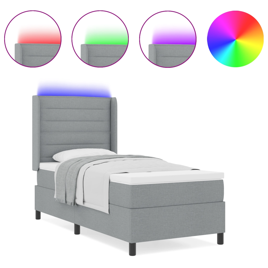 Letto Box Spring  con Materasso e Luce LED Grigio Chiaro 80x200 cm Tessuto