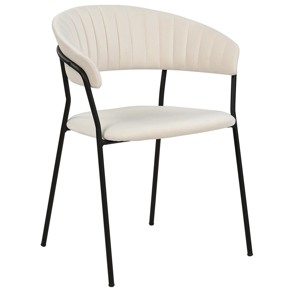 Set di 2 sedie da pranzo in tessuto vellutato bianco sporco  Rivestimento in metallo nero Gambe con braccioli Schienale curvo Design moderno e contemporaneo