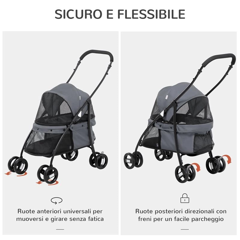PASSEGGINO PER CANI PIEGHEVOLE CON TETTUCCIO REGOLABILE, BORSA E 2 GUINZAGLI, 82X47X97 CM, GRIGIO E NERO