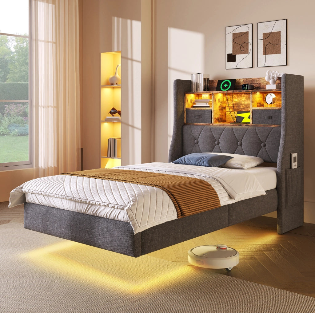 Letto imbottito grigio con LED, testiera contenitore e ricarica USB-C